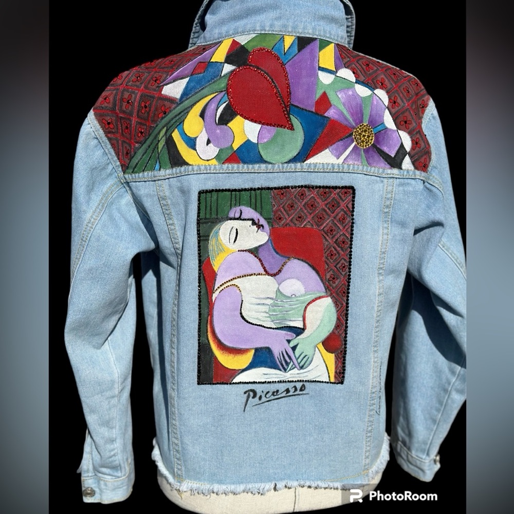 Handpainted modern art cubist style on denim jean jacket OOAK sz SM/MD - Picture 3 of 12